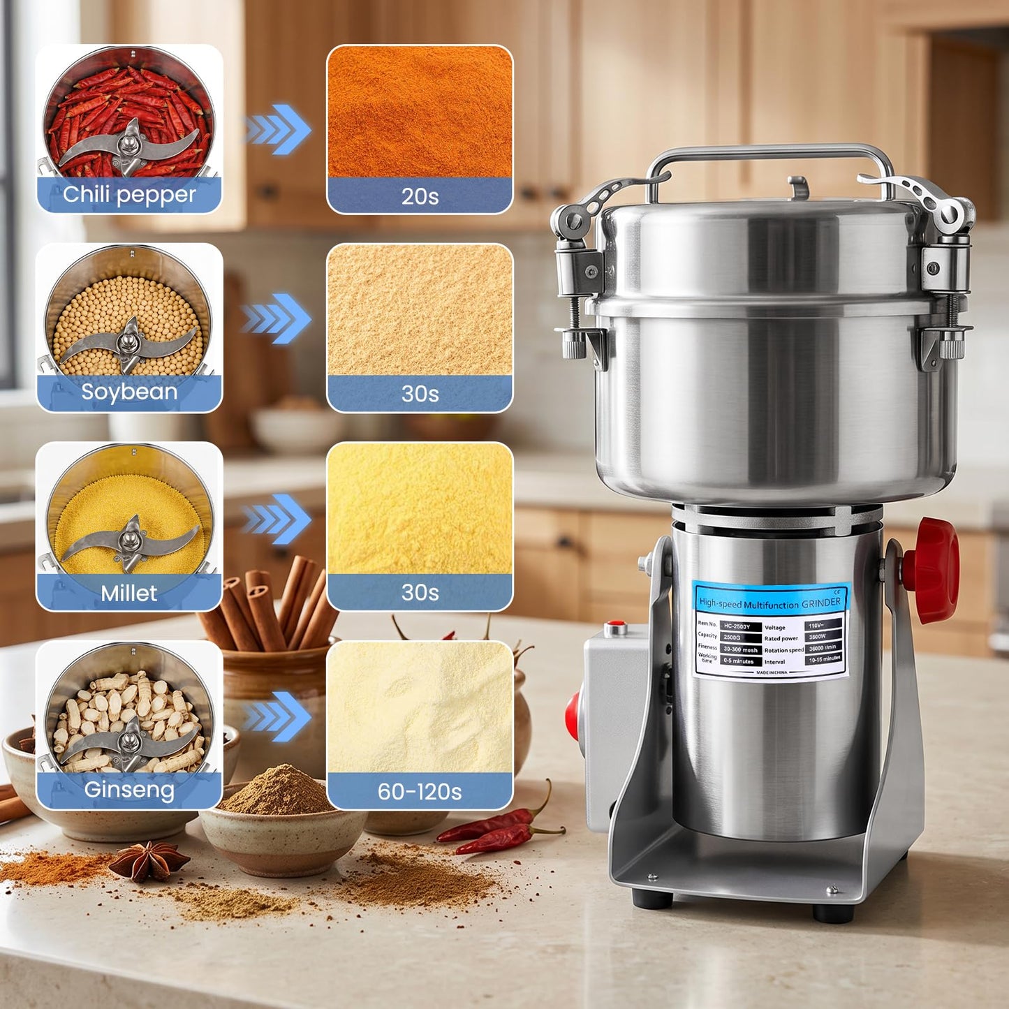Powerful 3600W Grain Mill Grinder – 2500g Stainless Steel, 36000 RPM Triple-Blade System, 270° Swing for Easy Flour Making, 30-300 Mesh Adjustable, for Home Kitchen & Coffee Shop