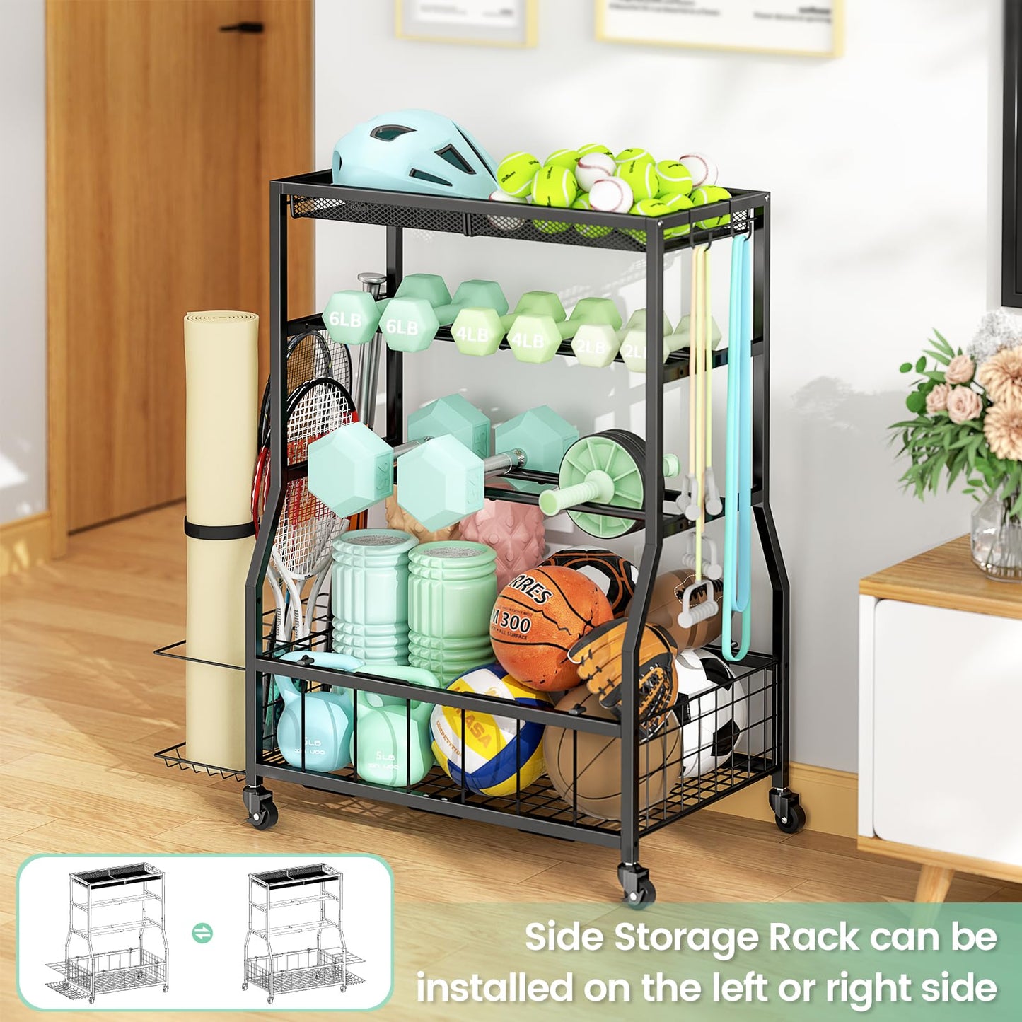 ThreeHio Home Gym Storage Rack, Dumbbell Rack with Yoga Mat Storage, Weight Rack Stand with Lockable Wheels and Hooks, Home Workout Equipment Organizer for Yoga Mate, Dumbbell, Kettlebells, Ball Storage