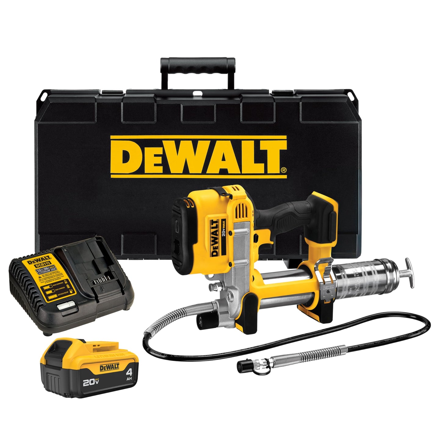 DEWALT Grease Gun Kit 20V MAX with 4.0Ah Battery and Charger, Cordless Grease Gun, LED Light, 42” Hose, 10,000 PSI, Variable Speed Triggers (DCGG571M1)