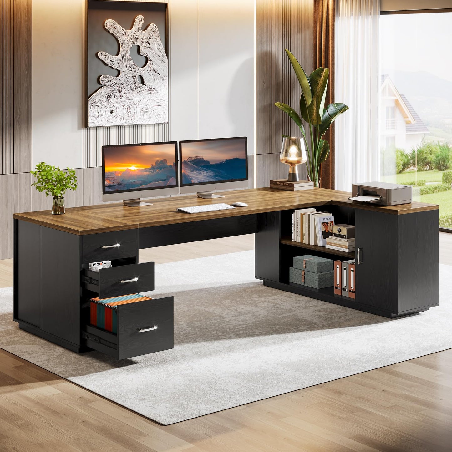 Tribesigns 85.8-Inch L-Shaped Executive Office Desk with File Drawers & Storage Cabinet, Professional Corner Computer Desk Extra Large Business Workstation with Adjustable Shelves (Brown&Black)