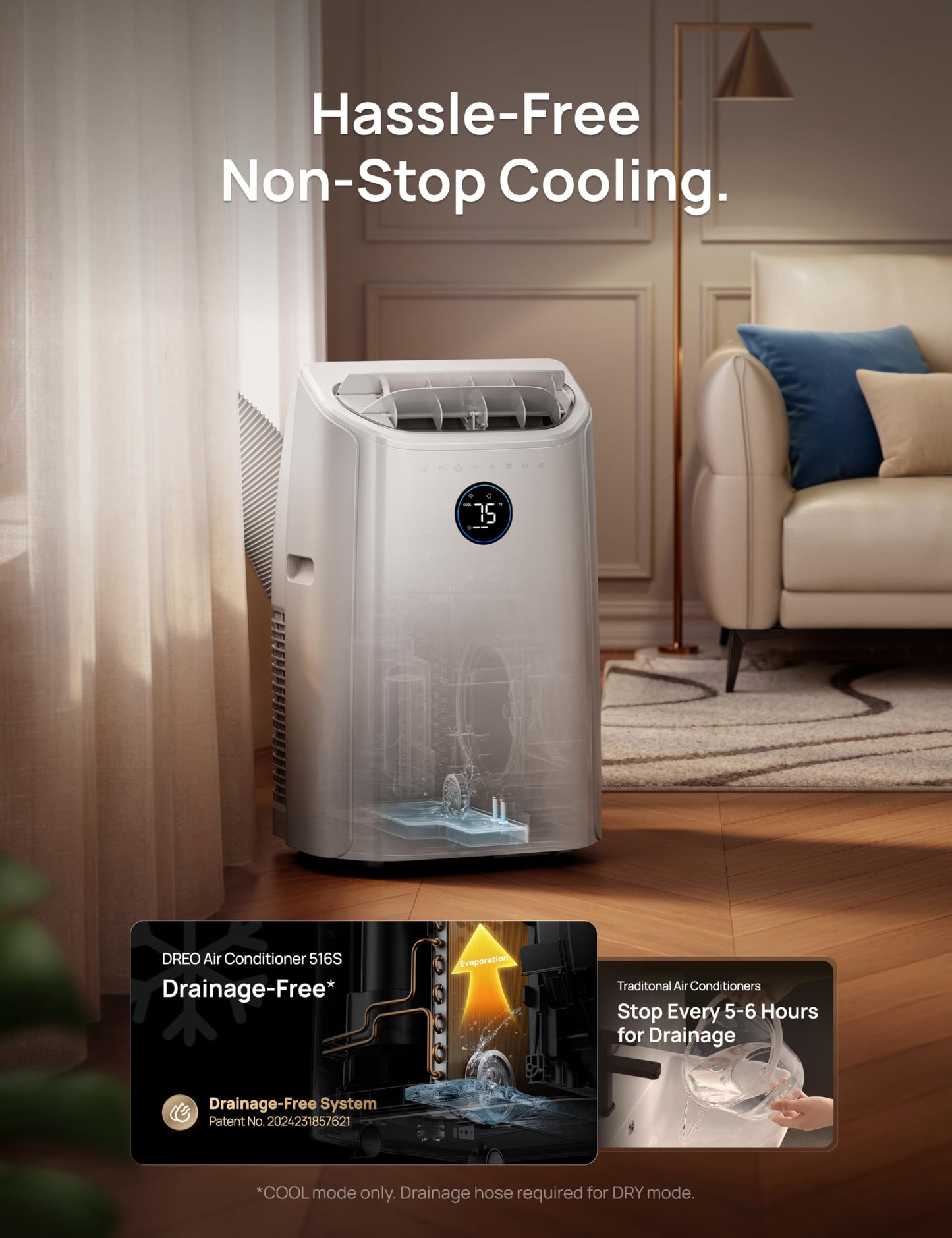 DREO Portable Air Conditioner 516S, 14000 BTU ASHRAE (10000 BTU DOE) Smart AC Unit for Bedroom with Drainage-free Cooling, Fan&Dehumidifier 3 in 1, APP/Voice/Remote, Quiet Standing AC for Room Indoors