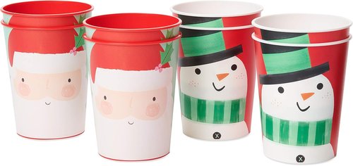 American Greetings Reusable Plastic Cups - 8-Count, 16 oz. Santa & Snowman Christmas Party Supplies