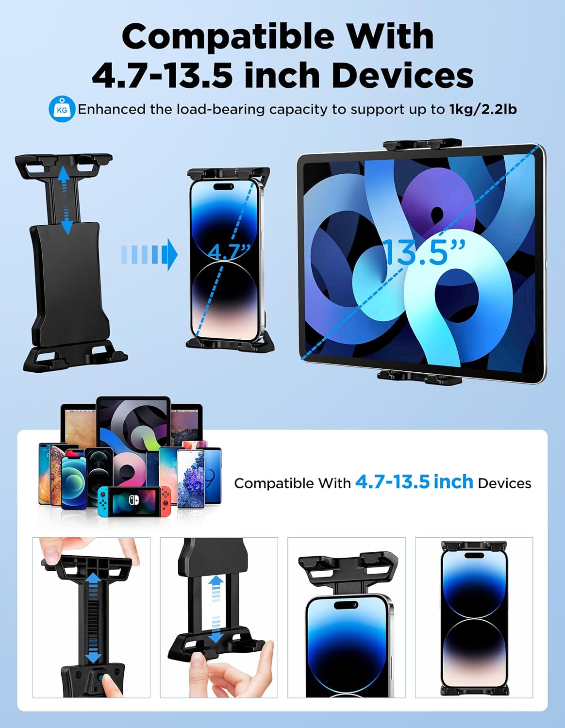 LZSIG 4.7-13.5" Tablet Holder for Mic Stand with Power Bank Clip - Adjustable iPad/iPhone Mount for Music Stand