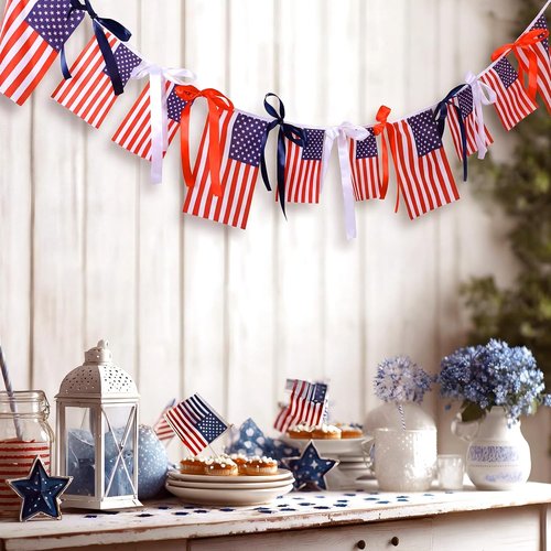 Chumia 4th of July American Flags Ribbon Banner - Patriotic Mantel Decoration | 6.56 ft for Indoor/Outdoor Use