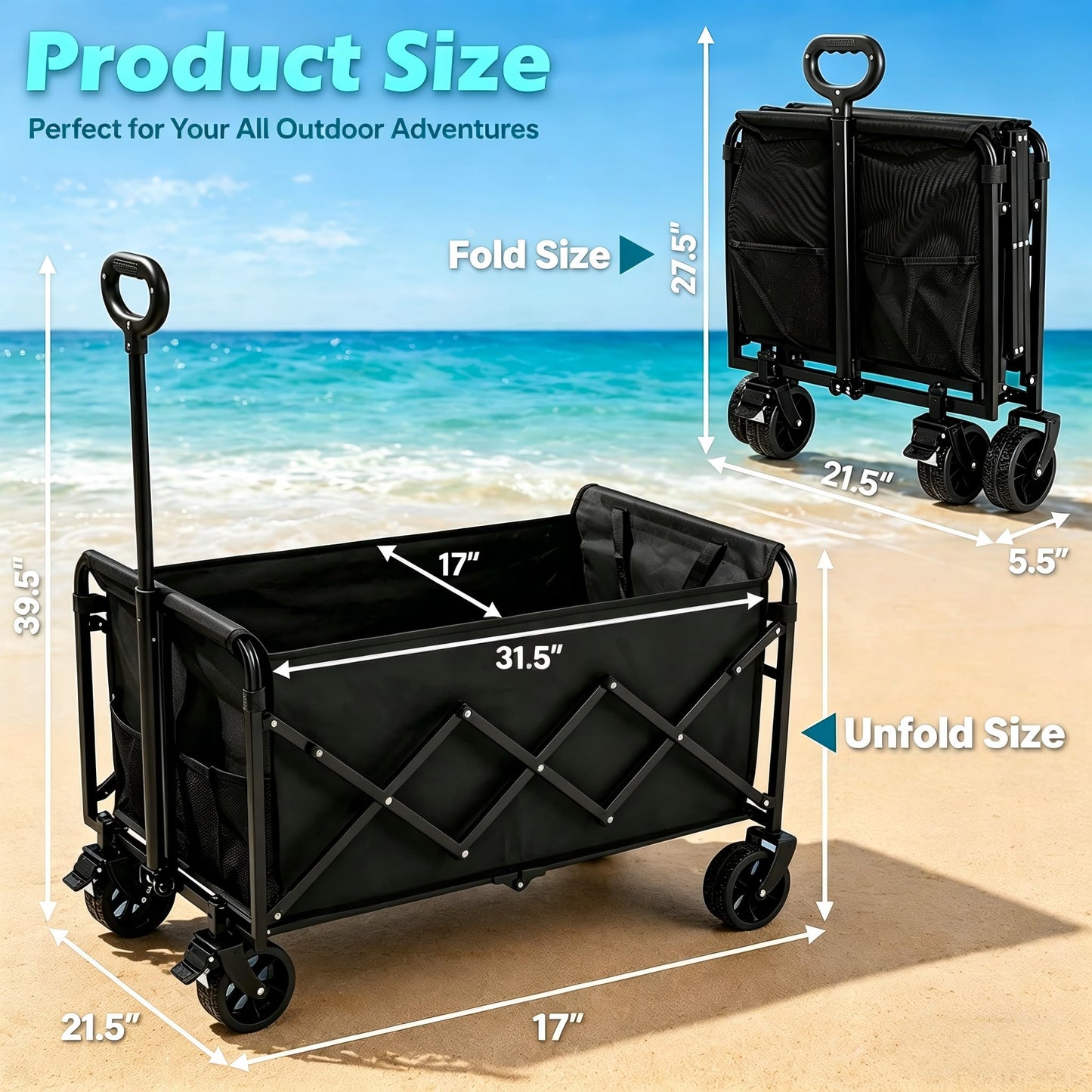 Wagons Carts Foldable Collapsible Foldable Extended Wagon with Brakes, 500lbs Weight Capacity, Heavy Duty Folding Utility Garden Cart with Big All-Terrain Beach Wheels & Drink Holders