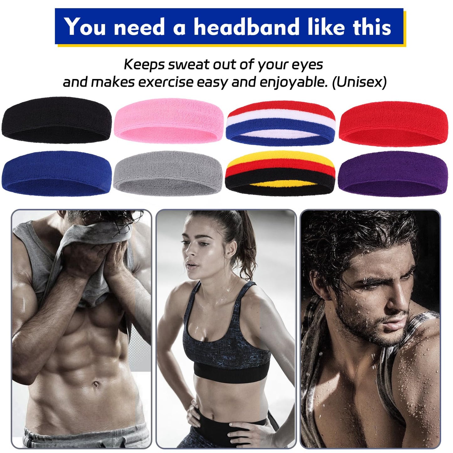 Sweatbands Sports Headbands for Men & Women Terry Cloth Moisture Wicking Cotton Sports Sweatband for Working Out, Athletic Exercise, Basketball, Football, Cycling (Gray)