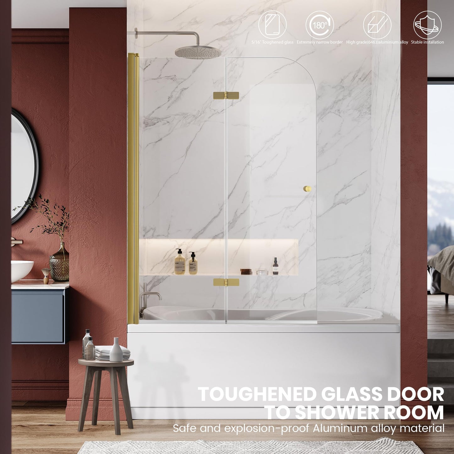 Bathroom Frameless Hinged Foldable Tub Door, Shower Glass Door 43 * 58” Shower Screen Panel with Tempered Glass (6mm), Fixed Clamps Included, Brushed Gold