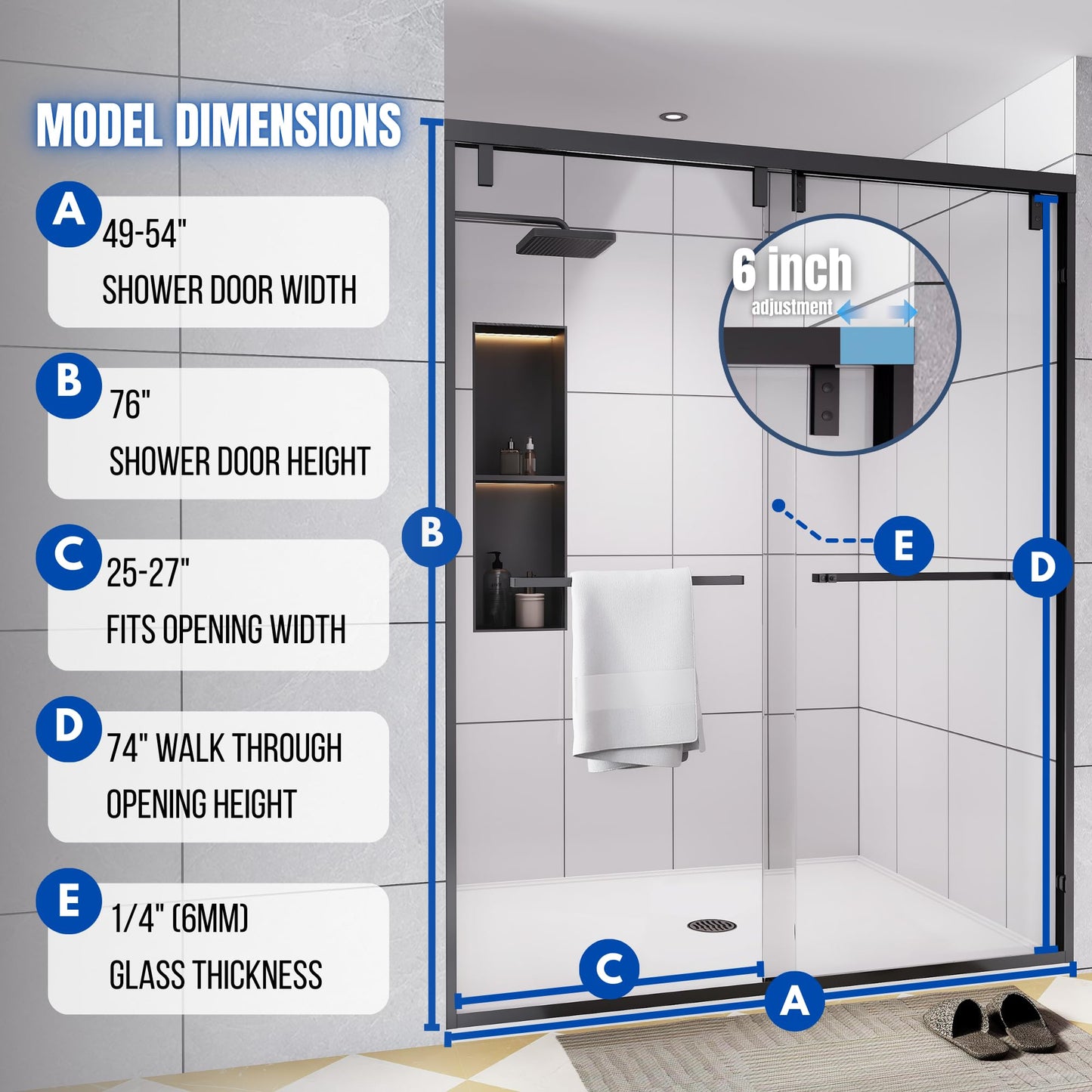 Dyvalis 49-54" W x 76" H Semi-Frameless Double Sliding Shower Door, 1/4" (6mm) SGCC Tempered Clear Glass with Easy-Clean Coating, Bypass Glass Shower Doors, Matte Black