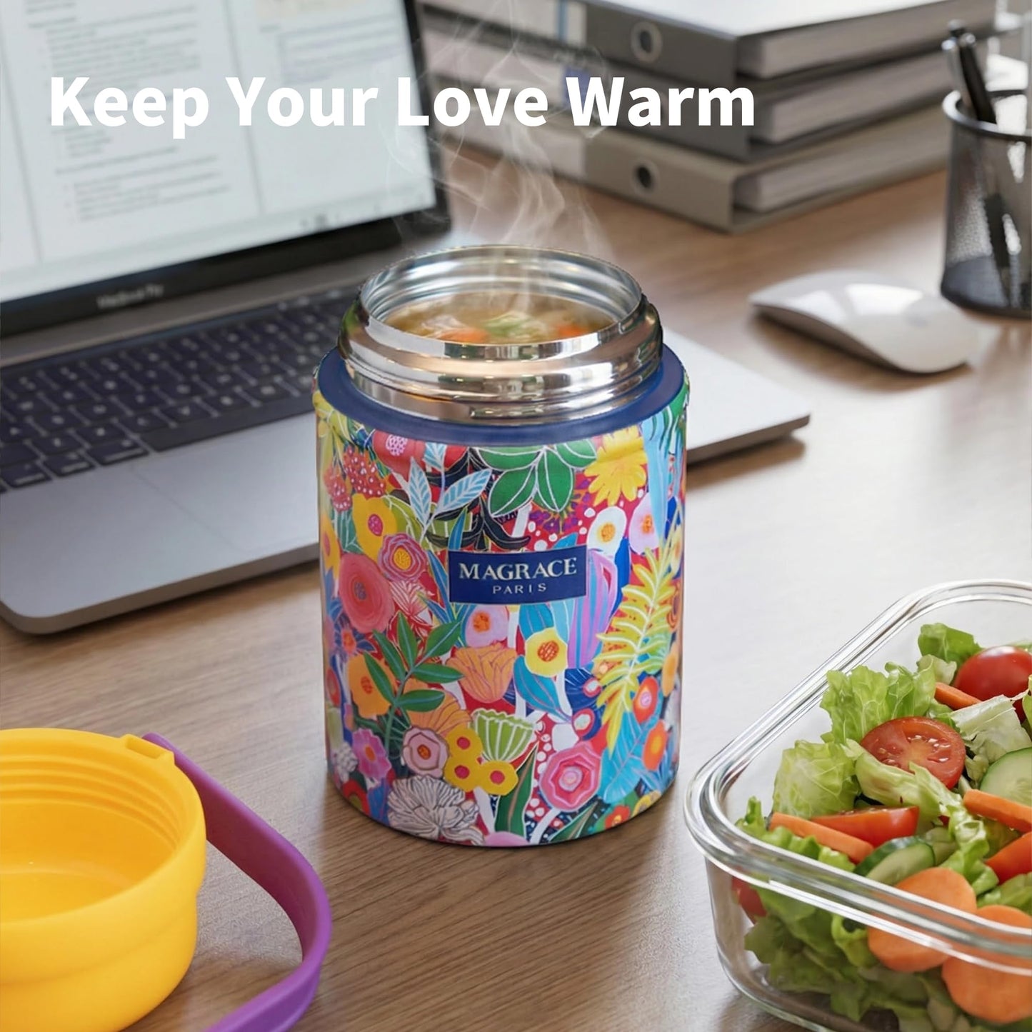 MAGRACE Vaccum Insulated Food Jar - Boho Floral Thermal Lunch Container for Office Outdoor Hot & Cold Meals, Wide Mouth Thermo for Adult, W/Foldable Spoon (Tropical)
