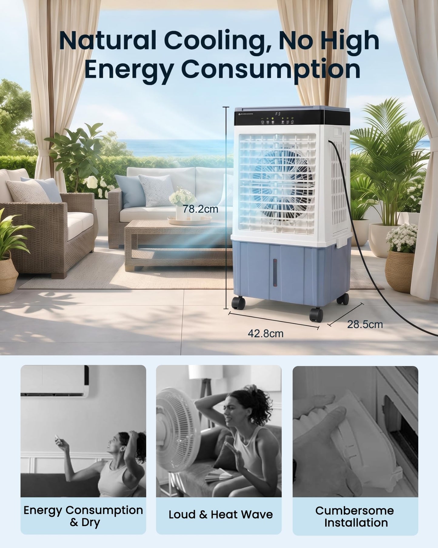 Air Choice Swamp Cooler, 3000CFM 31" Evaporative Air Cooler, 5.5Gal Removable Tank & 4 Ice Box, 120° Oscillation, 3 Speeds, Remote, 12H Timer, 3-in-1 Air Cooling Fan for Outdoor, Office, Bedroom, Blue