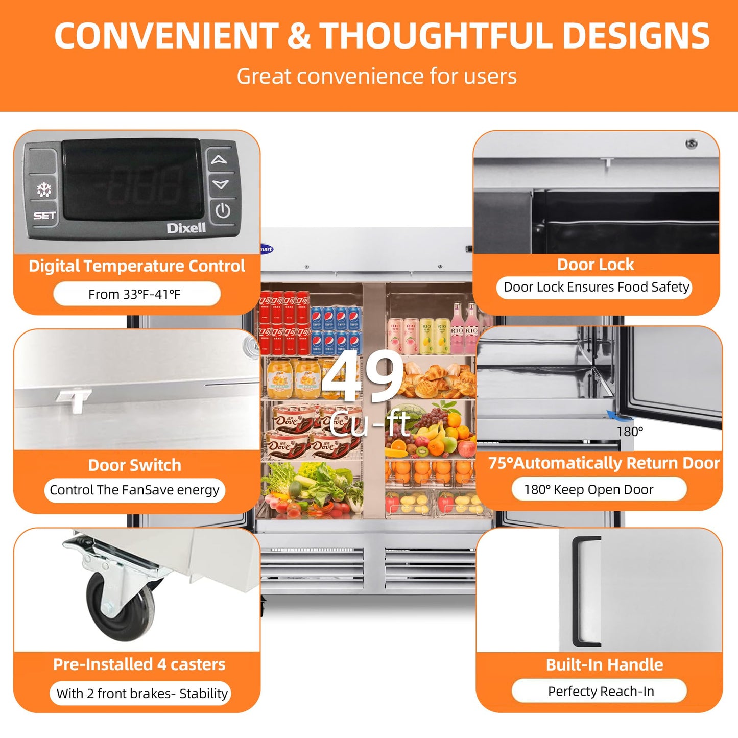 CHUMART 54" W Commercial Refrigerator with 2 door Stainless Steel 49 Cu. Ft Reach-in Refrigerator 6 Adjustable shelves Fan Cooling Fridge for Restaurant, Commercial Kitchen, Shop, ETL Certification