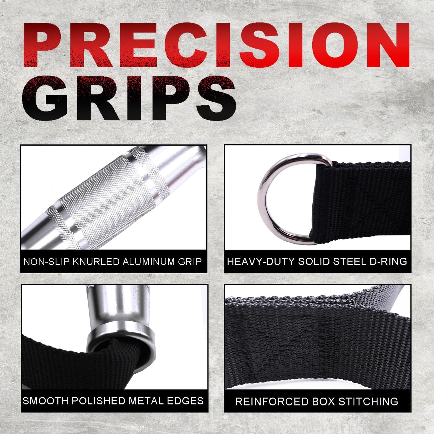FLEXIKIN Premium Aluminum Alloy Gym Handles with Thickened Strap – Anti-Slip Grid Grip, Heavy-Duty Welded D-Ring for Cable Machine, Pulley System, and Strength Training Workouts (Black)