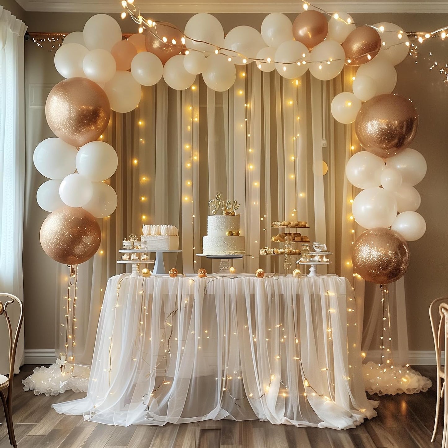 20FT 8FT (4 5x8FT) Fomcet Tulle Curtains with Lights String Champagne X Sheer Backdrop Curtains for Parties Wedding