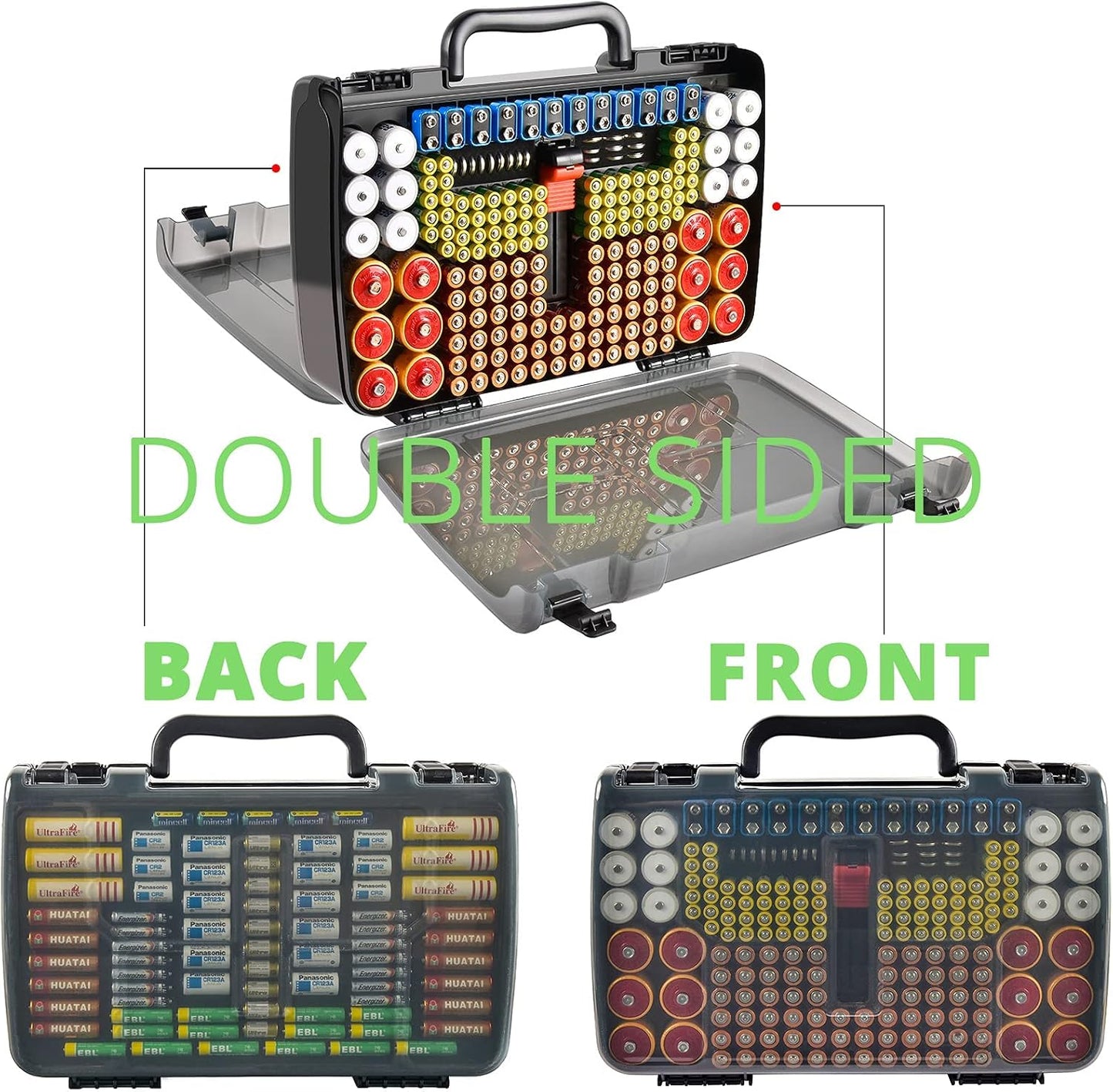 269 4A 9V 3V LR44 CR2 CR123 CR1632 18650 Battery Organizer Storage Case with Tester, Holds Batteries Double Sided Box