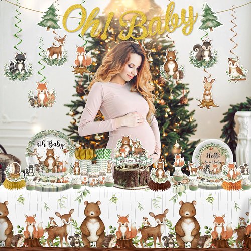 179pcs Woodland Baby Shower Decorations Include Woodland Plates and Napkins Set, Banner, Hanging, Tablecloth, Cupcake Topper, Balloon, for Neutral Forest Animal Baby Shower Decor, Serves 25