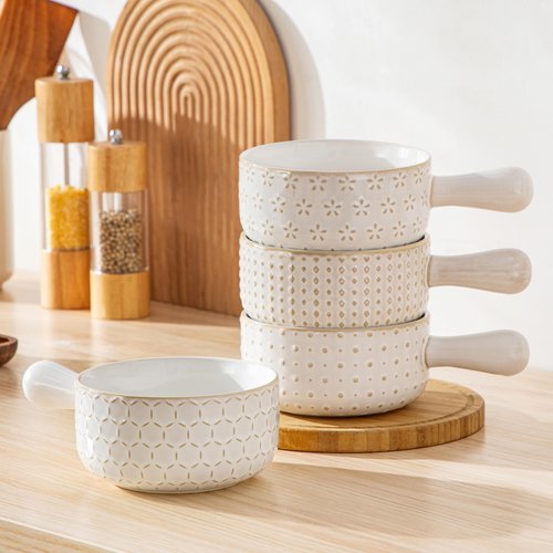 MALACASA French Onion Soup Bowls with Handles - 20 oz Oven Safe Bowls Soup Crocks for Chilli, Beef Stew, Cereal & Pasta - 5 Inch, Set of 4, Series LYDIA