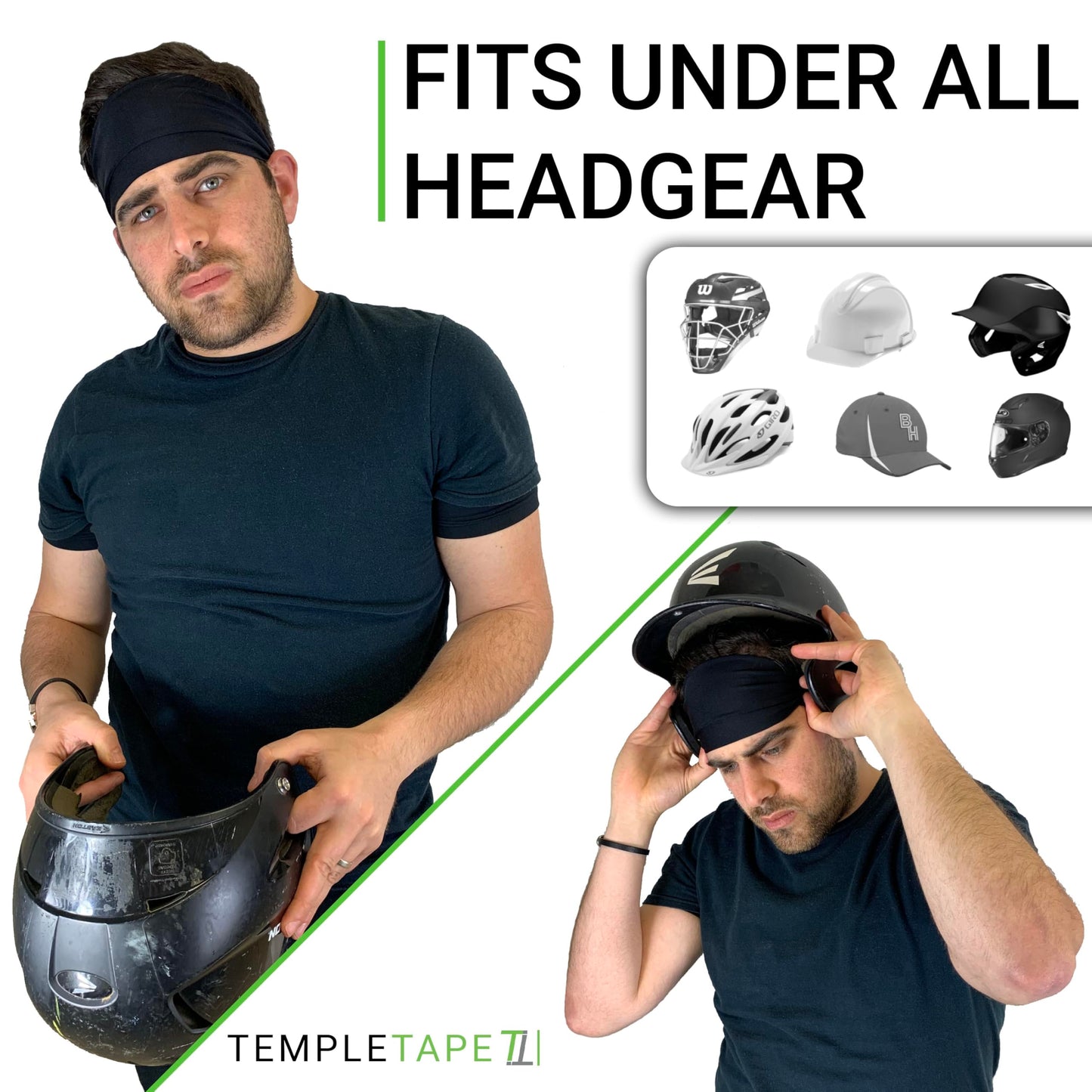 Temple Tape, Value 2-Pack, Mens Headband - Guys Sports Headbands Moisture Wicking Workout Sweatbands for Running, Cross Training, Skiing and Bike Helmet Friendly - 1-Black & 1-Gray Sweatband