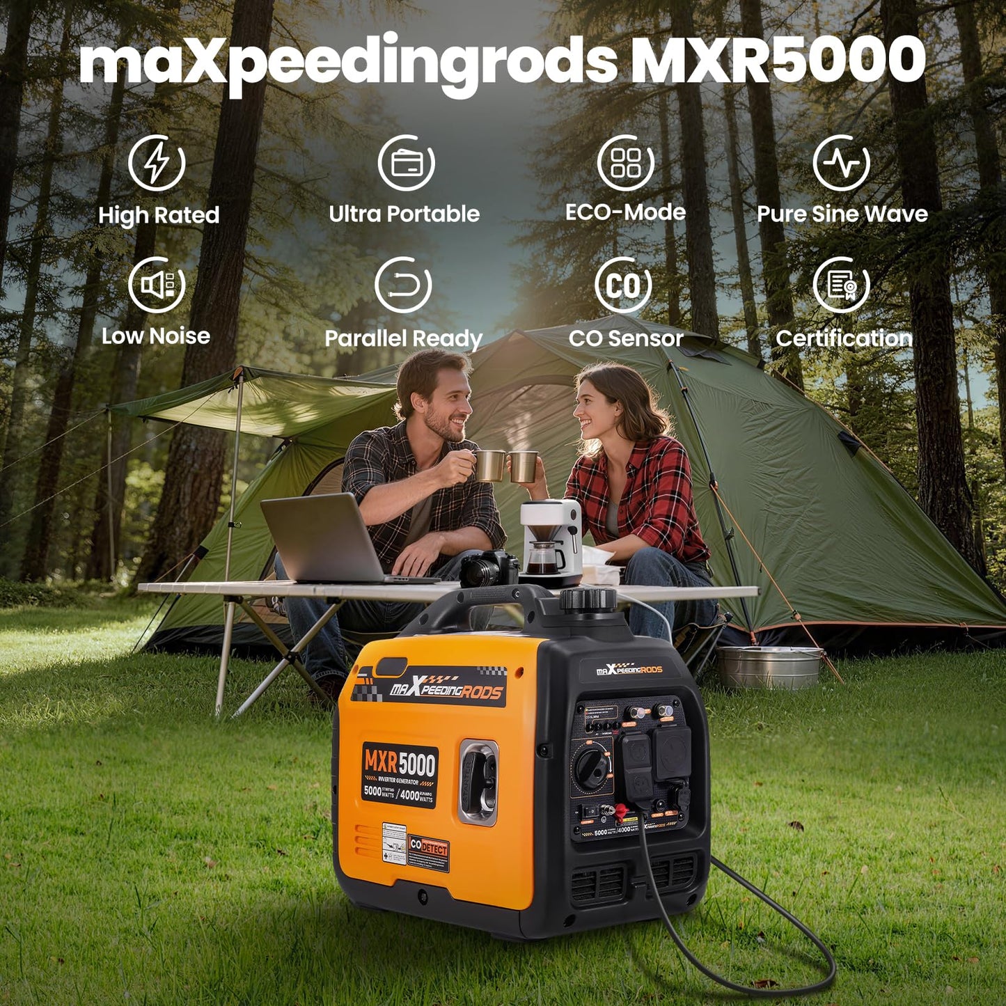 maXpeedingrods 5000 Watt Portable Inverter Generator, Gas and Power Generator, RV-Ready, Quiet and Lightweight for RV Camping