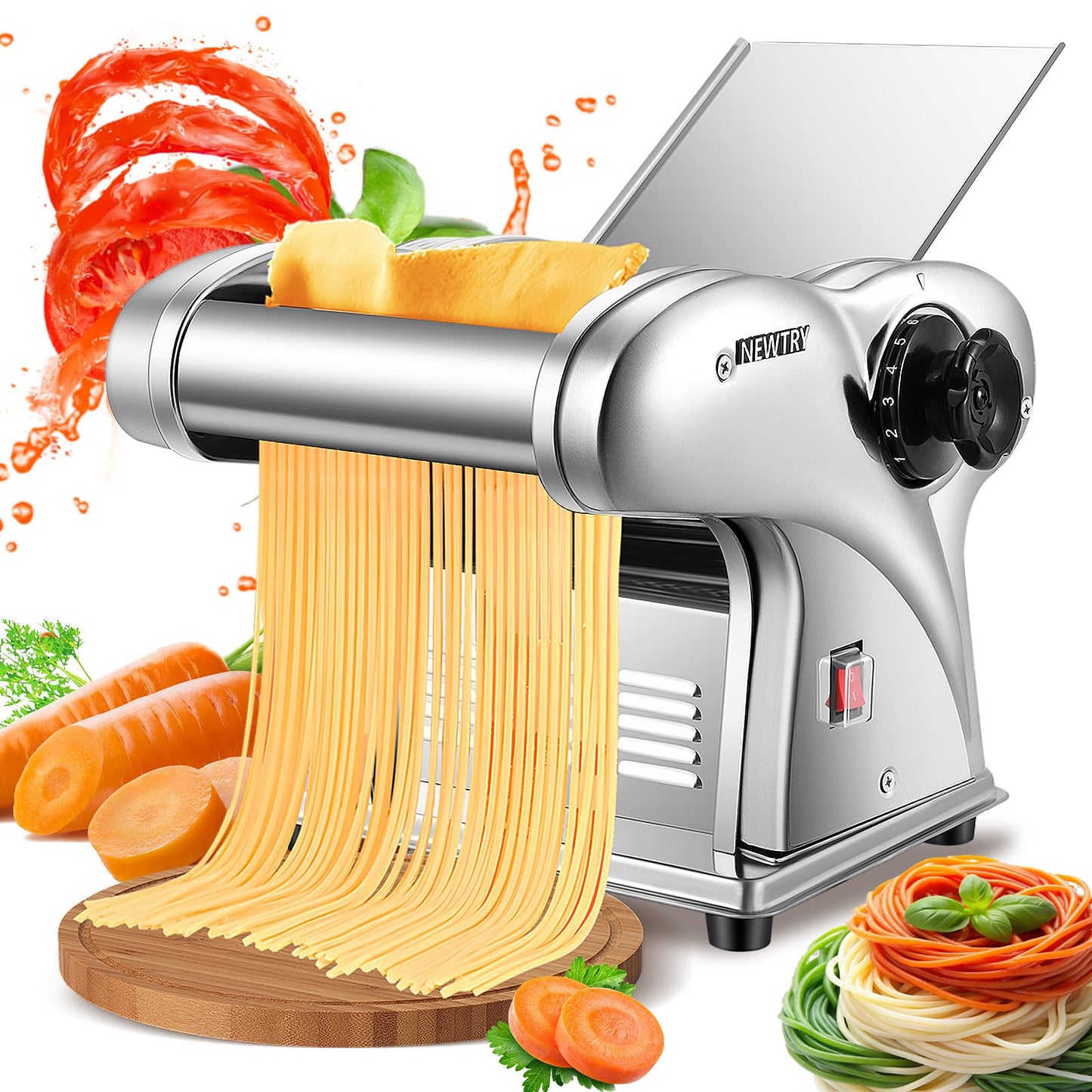 NEWTRY Electric Pasta Maker Noodle Maker Pasta Making Machine Dough Roller Cutter Thickness Adjustable Stainless Steel US 110V for Family Use 3 Blades Type