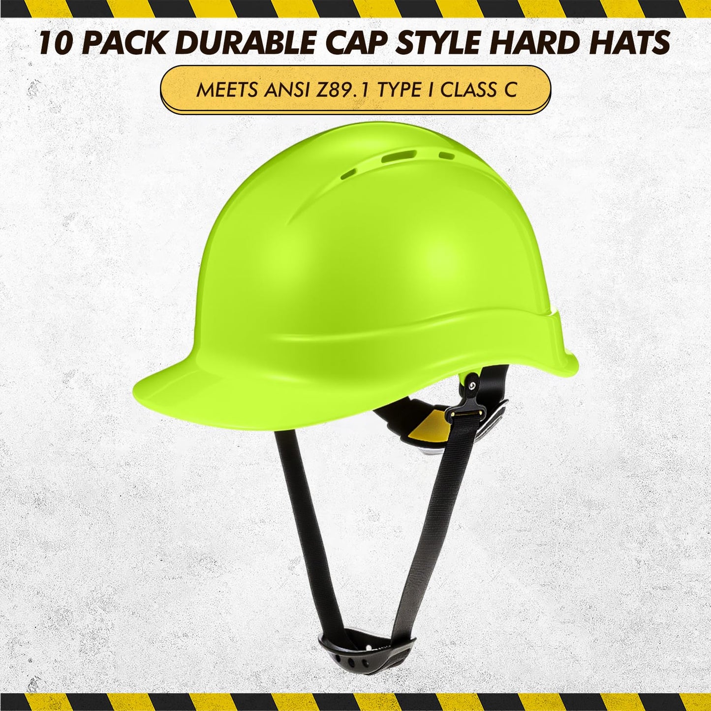 10 Pcs Suspension Hard Hat Meets NSI Z89.1 Type I Class C, 6 Pt. Cap Style Hard Hat Ratchet Vented Green Construction Helmet Bulk for Safety Man Woman