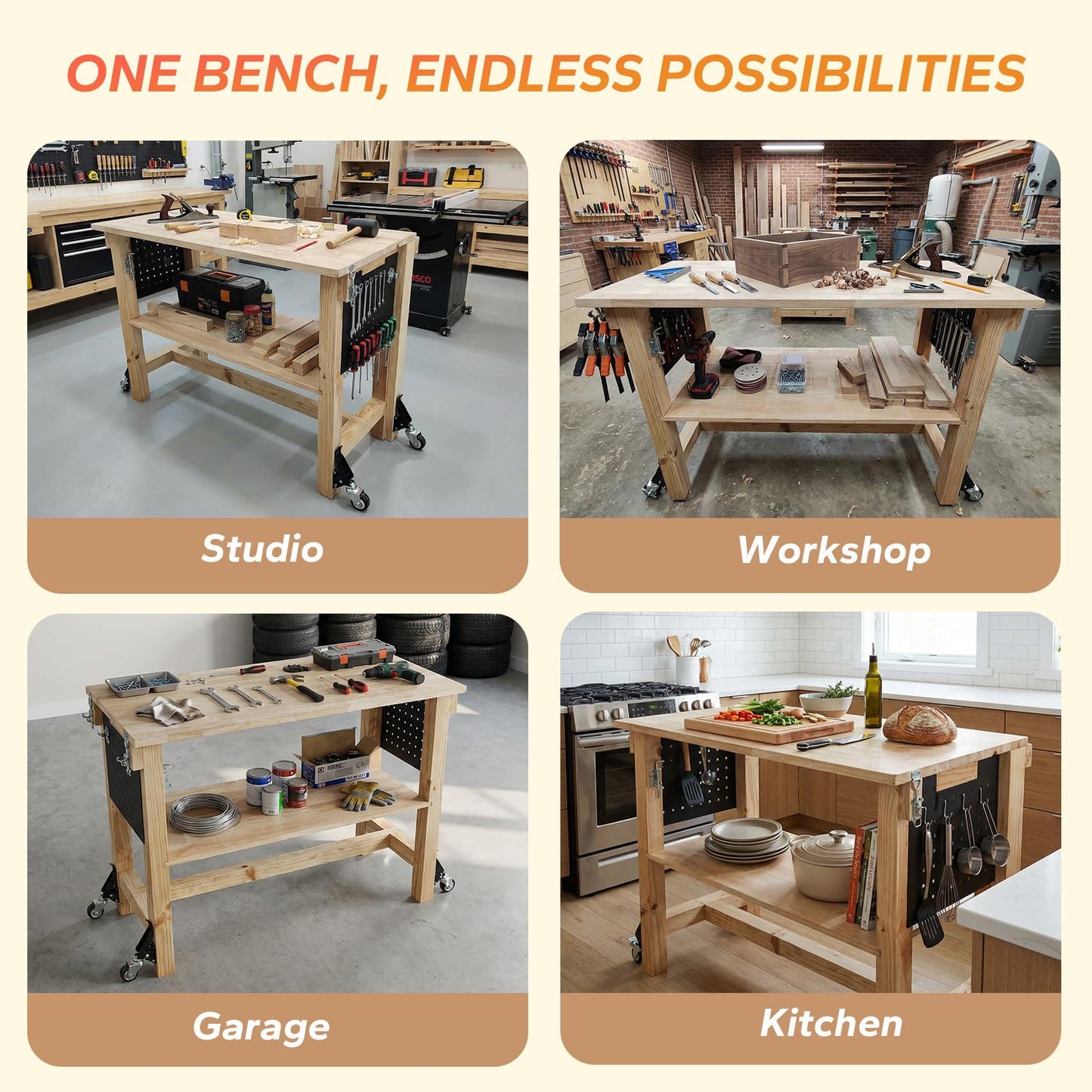 48" Heavy Duty Foldable Workbench with Transformable Wheels and Tool Storage Shelf, Max Load 2500 LBS, Rubber Wood Work Bench for Garage, Woodworking Table with Pegboard
