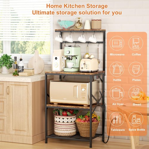 Korfile Kitchen Bakers Rack with Power Outlet, Small Coffee Bar Cart 4 Tiers, Microwave Stand Station with 8 S Hooks, Adjustable Shelf, Freestanding Kitchen Appliance Organizer, Rustic Brown