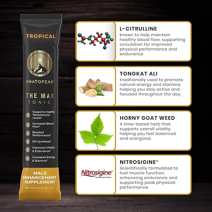Male Enhancing Supplement Powder ??Testosterone Supplement for Men with Tongkat Ali, Maca Root, Horny Goat Weed Powder, Beet Root & L-Citrulline ??Nitric Oxide Booster (1 Stick Pack) - Tropical