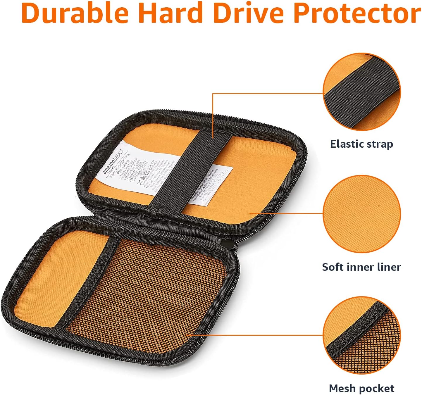 Amazon Basics Compact Black Hard Drive Carrying Case with Secure Strap and Mesh Storage