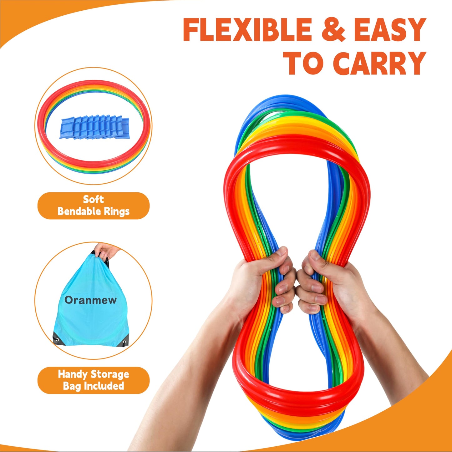 Oranmew Hopscotch Rings, 1-Set – 10 Round Hoops (11-inch) + 15 Connectors, Agility Rings for Kids, Builds Gross Motor Skills, Preschool & Kindergarten PE, Indoor/Outdoor Playground Obstacle Course