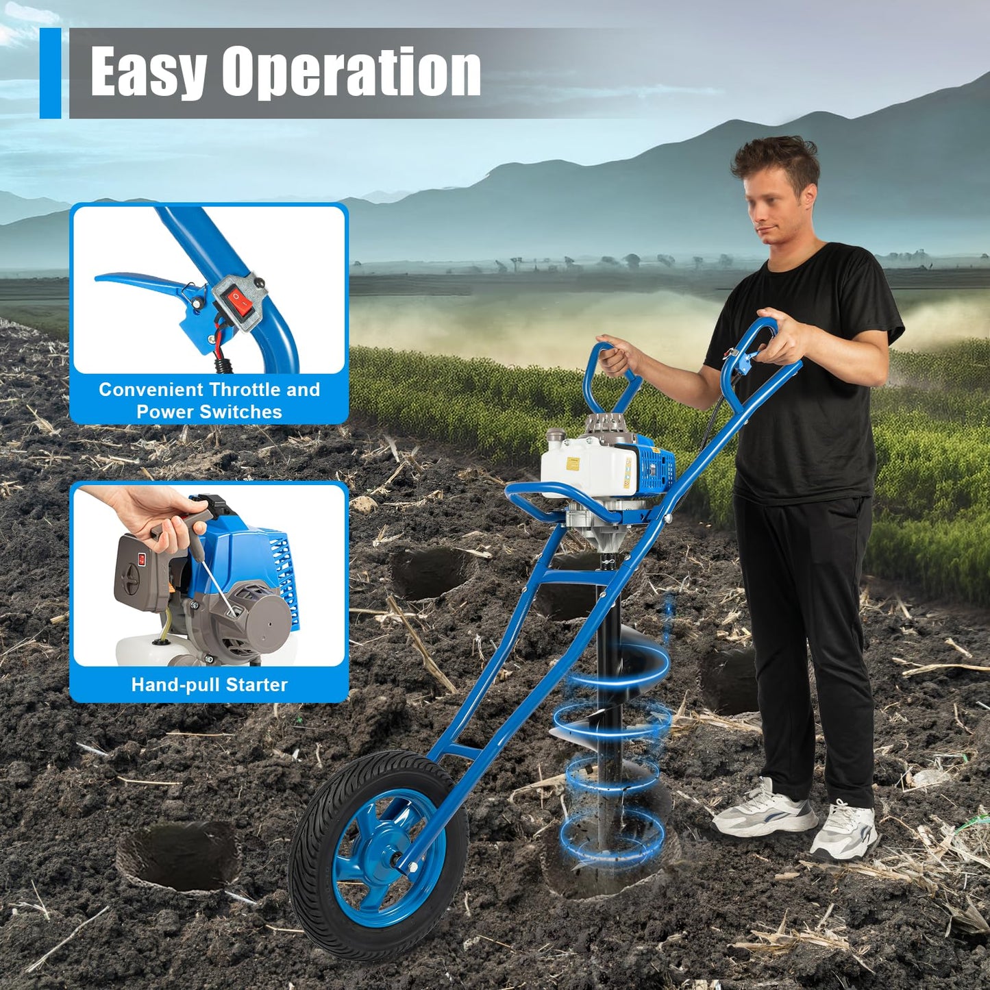63CC 2-Stroke Gas Powered Earth Auger Post Hole Digger with 11.81" Drill, 3HP Hole Digging Machine Auger Spiral Drill Bit Borer Fence Ground Drill for Garden & Lawn Digging Planting Drilling (Blue)