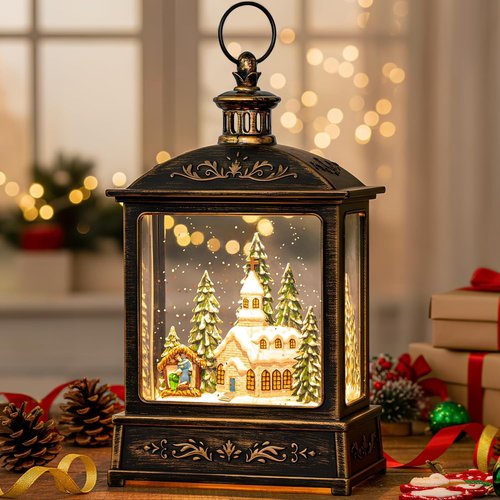Musical Snow Globe Lantern by [Brand Name] - Lighted Church with Nativity Scene | Glittering Christmas Decoration, Battery or USB Powered