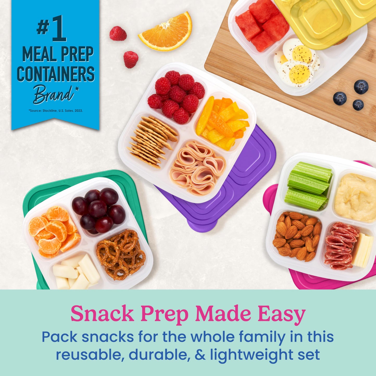 Bentgo Easyboxes 4-Compartment Snack Containers - 8-Piece Set with 4 Trays & 4 Custom-Fit Lids to Seal in Freshness - Reusable Food Storage & Meal Prep Bento BPA-Free Containers (Brights 4-Pack)