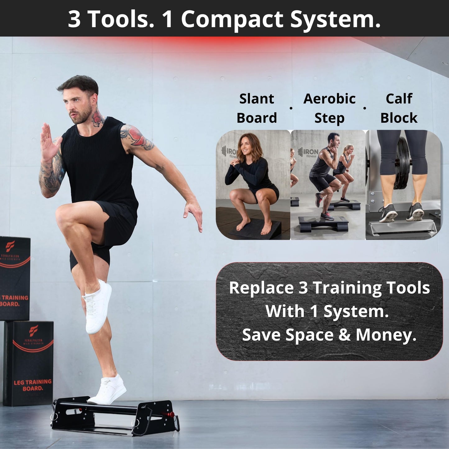 Adjustable Slant Board, Calf Raise Machine & Aerobic Step Platform — 3-in-1 Heavy-Duty Steel Frame with Resistance Bands for Squats, Calf Raises, Step-Ups, Stretching & Ankle Mobility, 880 lbs