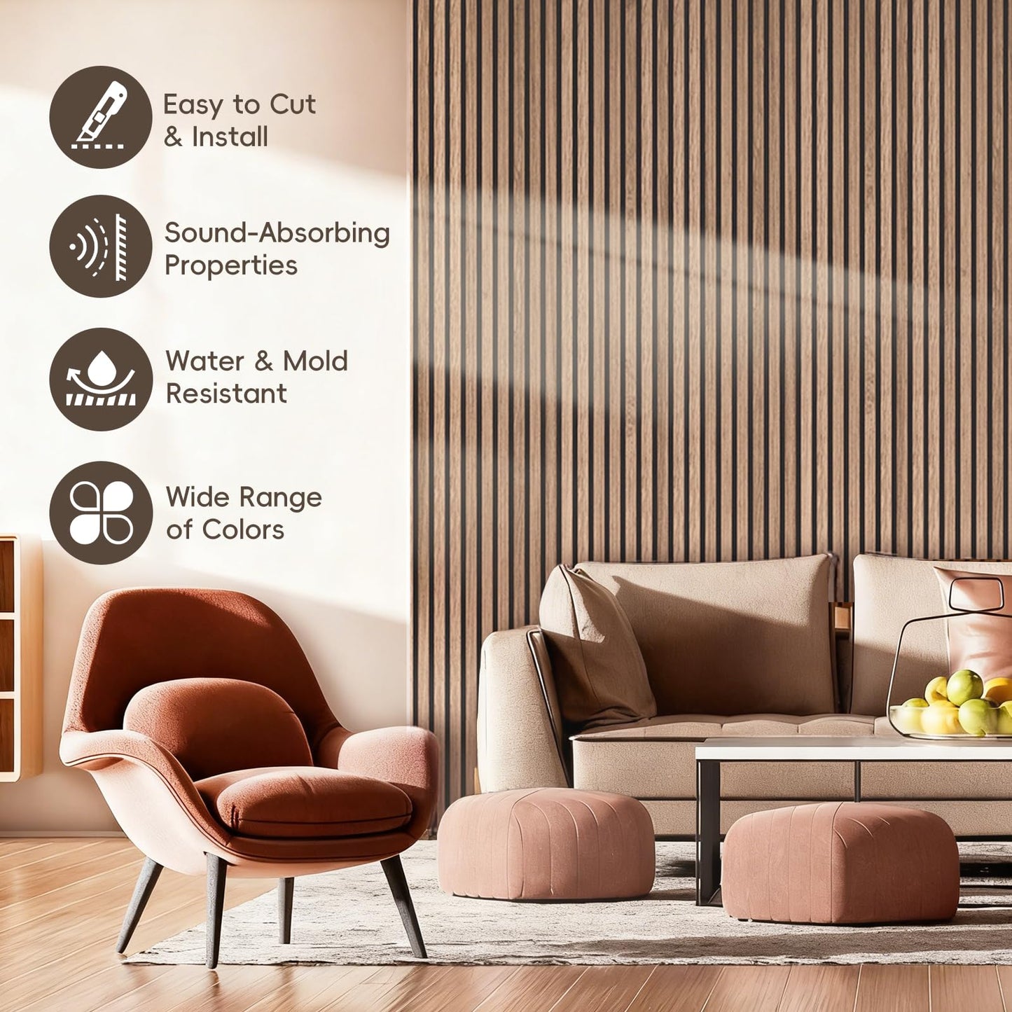 EVERECO 6 Pack Wood Panels for Wall 94.5" × 7.87" Acoustic Soundproof Wall Slat Panels, 3D Wall Panels for Home Office Decoration, Natural Walnut