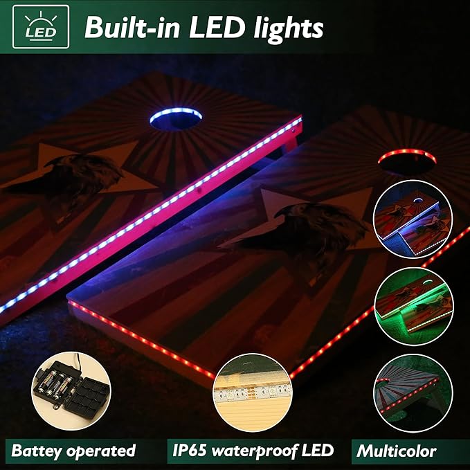 LED Cornhole Board Set 4FTx2FT Solid Wood Regulation Size Cornhole Set with LED Lights Includes 8 Cornhole Bags for Adults (Eagle, 4'x2')
