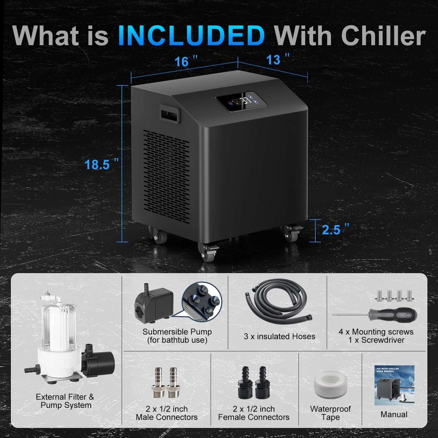 1HP Ice Bath Chiller for Cold Plunge Tubs, Cold Plunge Chiller with External Pump & Filter, Submersible Pump, 2500W Water Chiller for Cold Plunge Recovery and Various Cold Plunge Tubs