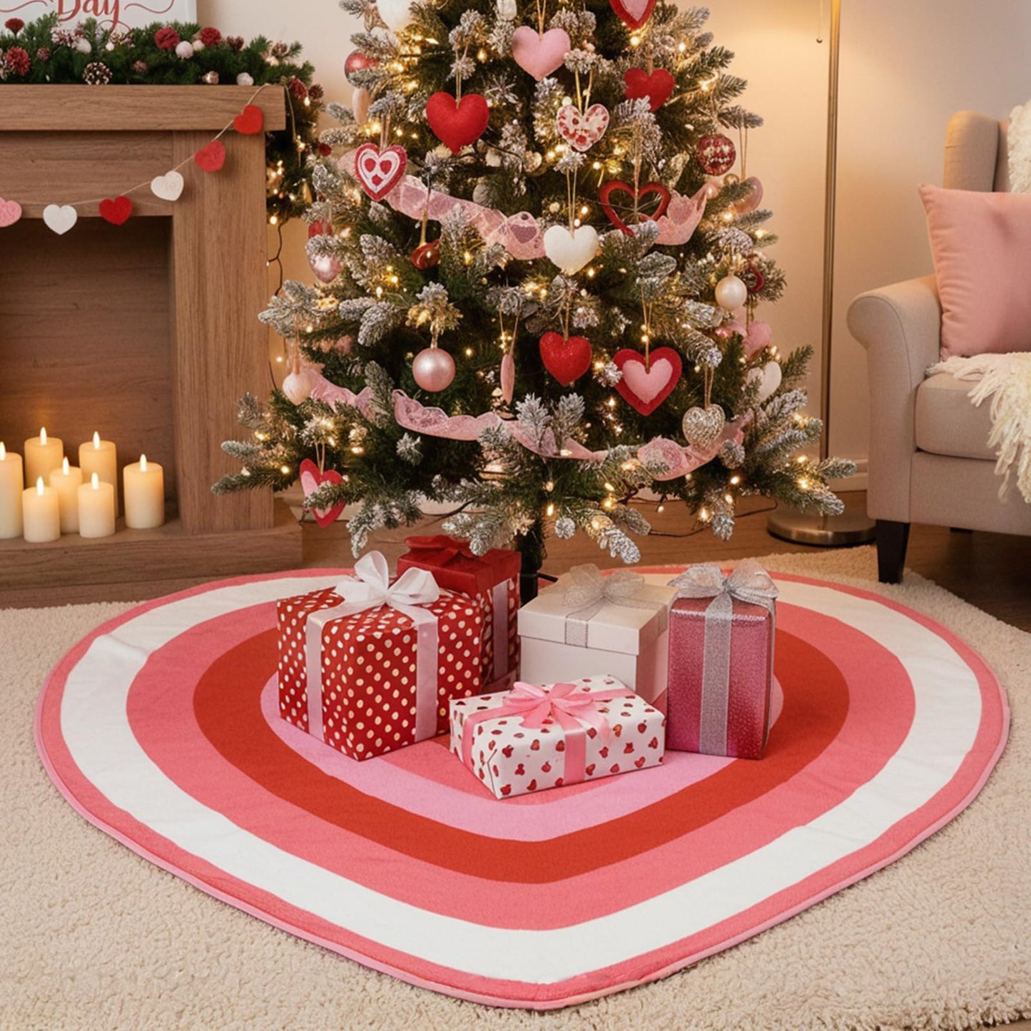 QIONG MENG Valentines Heart Tree Skirt Valentine‘s Day Tree Mat Decorations Valentine's Day 48 Inch Pink Decor for Home