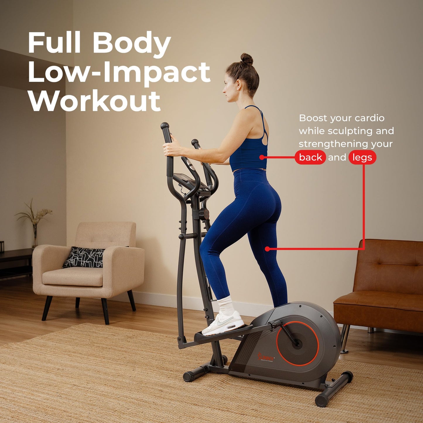 Sunny Health & Fitness Smart Elliptical Machine w/300LB Capacity & Pulse Sensor Built-in, 12" Stride Equipment for Home Cardio Exercise & Magnetic Cross-Training, Free SunnyFit App Bluetooth Connect