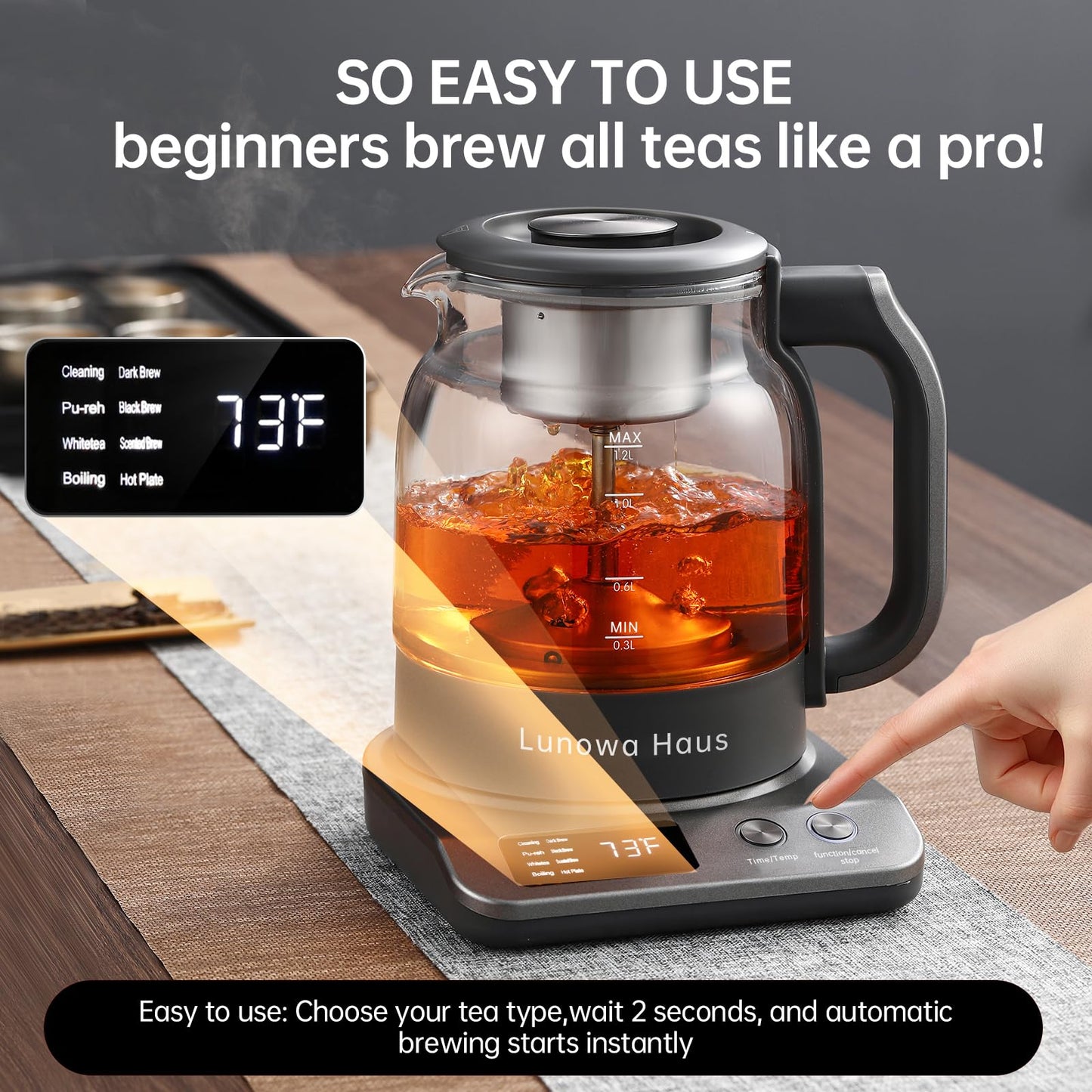 Lunowa Haus 120V Titanium & Glass Electric Tea Kettle, Pro Steam Extraction for All Teas (Green, Black, Oolong), 11 Temp & 10 Strength Levels, 1.2L, 12H Keep Warm, BPA-Free, 2 Infusers