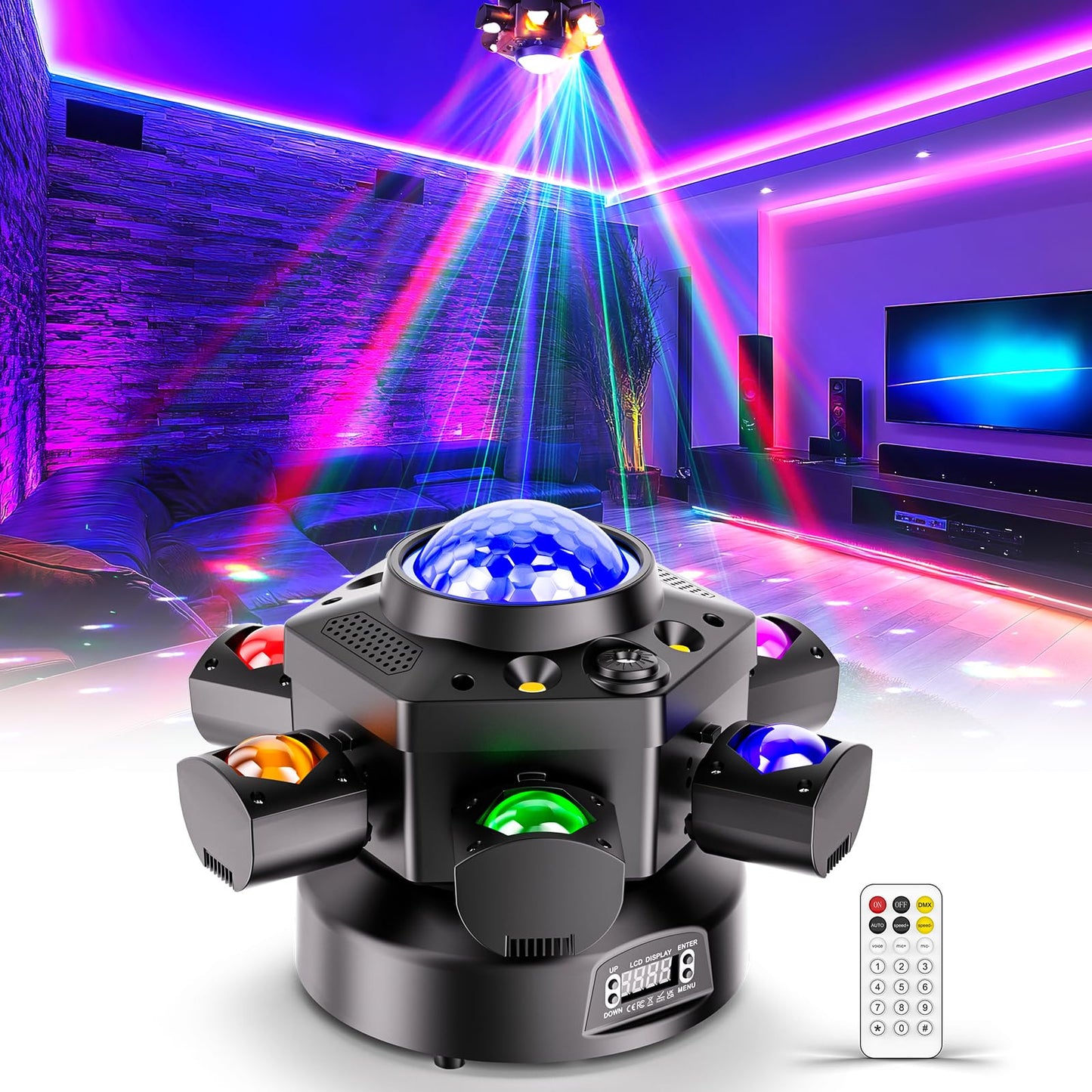 6-Arm Moving Head DJ Lights, 120W RGBW 4-in-1 Stage Lights with Kaleidoscope Magic Ball Effect, Starry Laser Effects, White/Golden Strobe, 540° Rotation, DMX512 Sound Activated Remote for Disco DJ Bar