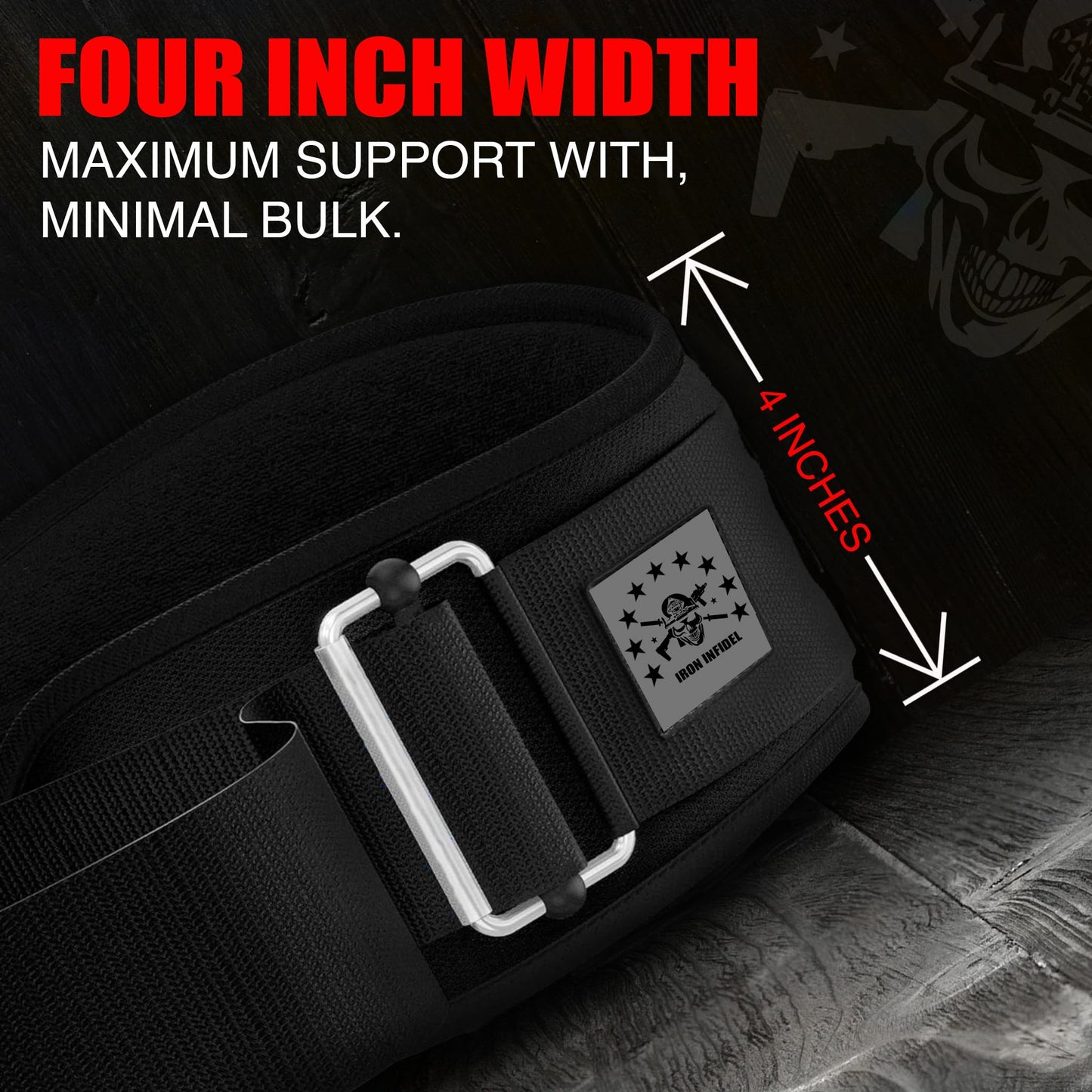 Iron Infidel Recon Weight Lifting Belt - 4" Wide Self Locking Gym Belt for Men & Women, EVA Foam Core Support Weight Belt for Squatting, Deadlifting, Powerlifting, Workout, Fitness & Crossfit (1776, S)
