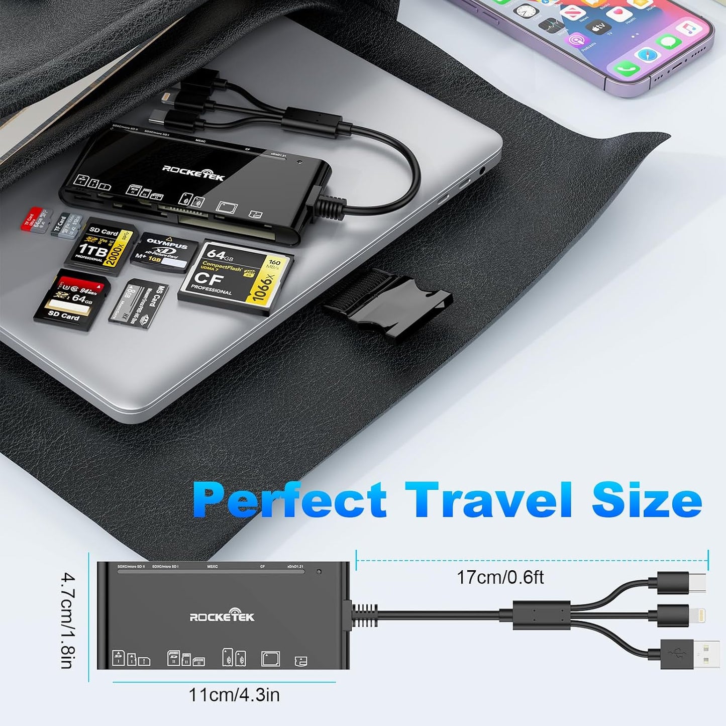MTAKYA 7-in-3 USB3.0 5Gbps Multi Memory Card Reader, USB C Lighting Multi Card Reader for SD TF CF XD MS,SD Card Reader