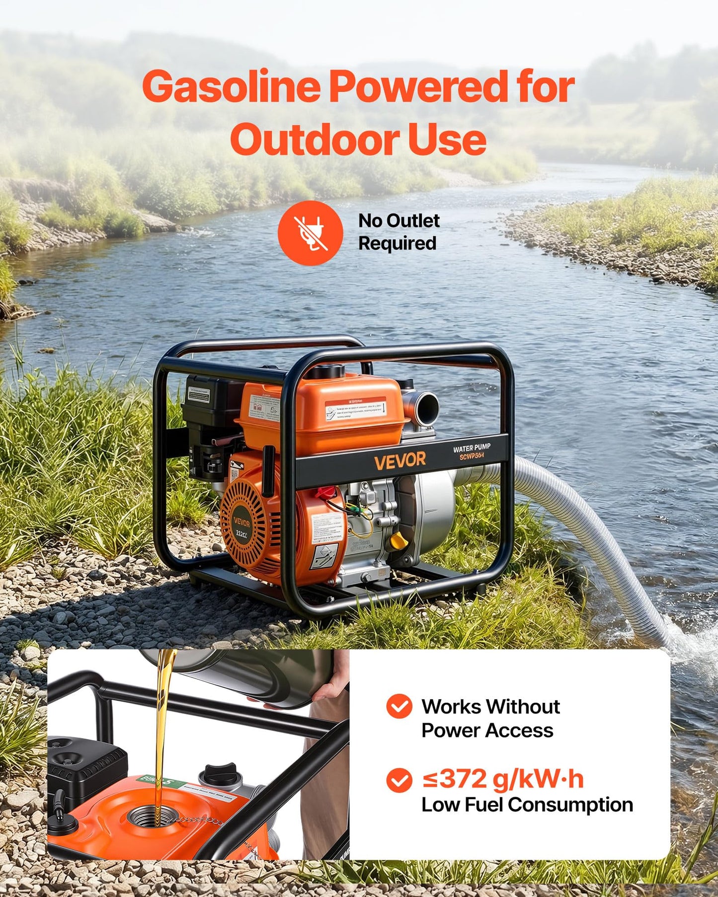 VEVOR Gas Powered Water Pump, 2 in, 132 GPM 6.5HP Semi Trash Water Transfer Pump Portable, Gasoline Engine with 25 ft Discharge Hose, Heavy Duty Frame, Cast Iron Impeller, for Irrigation, Ponds, Pools
