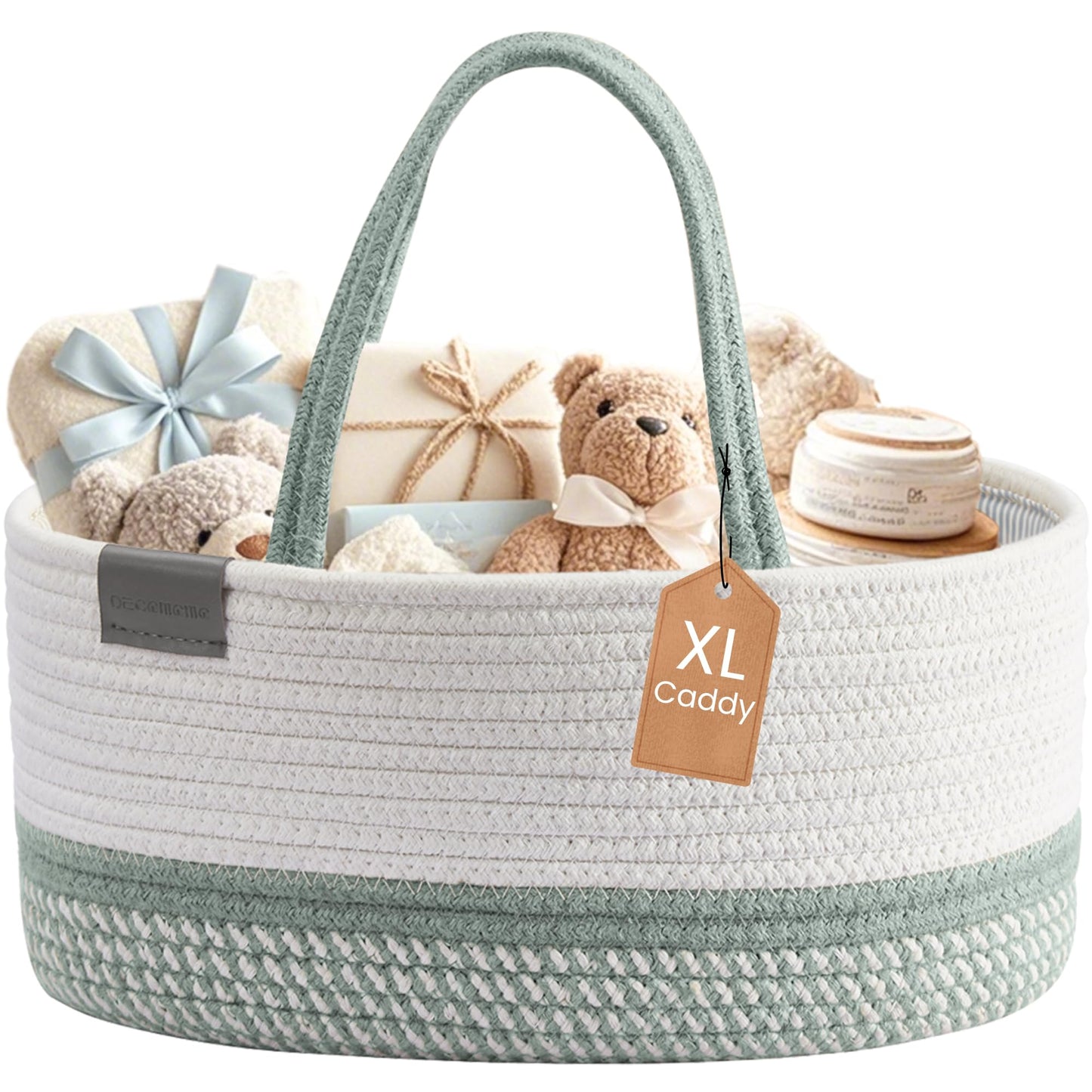 DECOMOMO XL Baby Caddy Organizer, Diaper Caddy Basket, Baskets for Baby Shower Gifts (Sage Green & White, Extra Large)