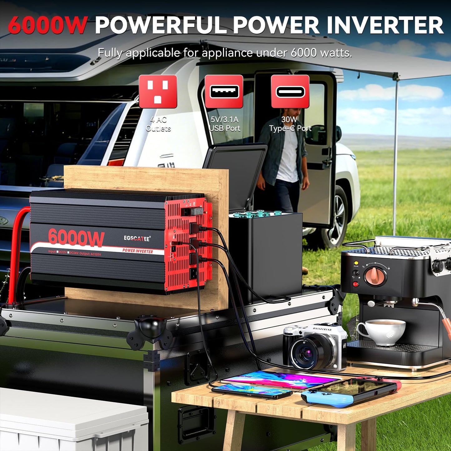 6000W Power Inverter 12V DC to 120V AC, 11000W Peak Off-Grid Solar Converter for 12V Battery Bank, RV, Truck & Home Backup Power System, 4 AC Outlets, USB & Type-C Port, LCD Remote Controller