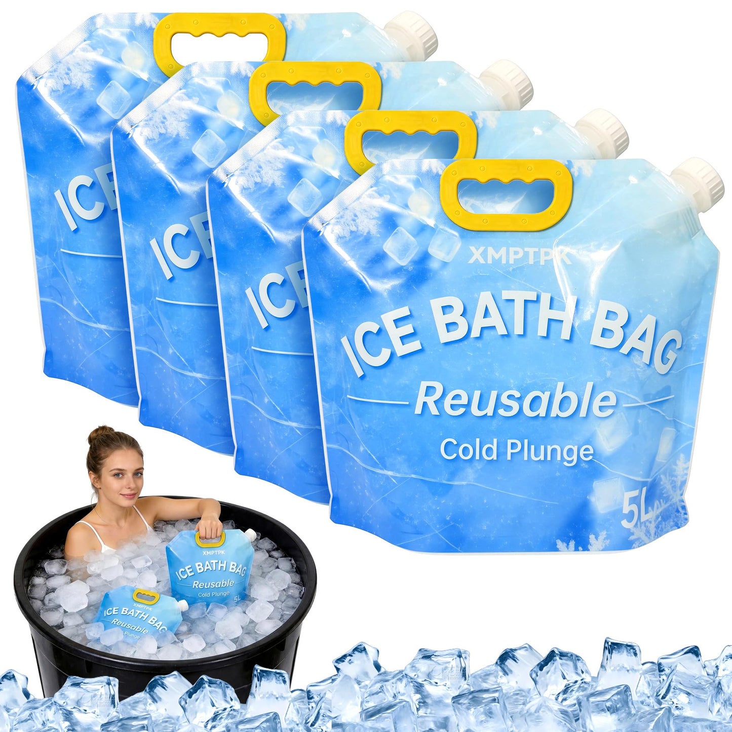 XMPTPK 4 Pack Ice Bath Bags, Reusable Cold Plunge Tub Accessories, Portable Bathtub Freezer Water Bags with Handle for Home Outdoor Bathtub Bucket(5L)