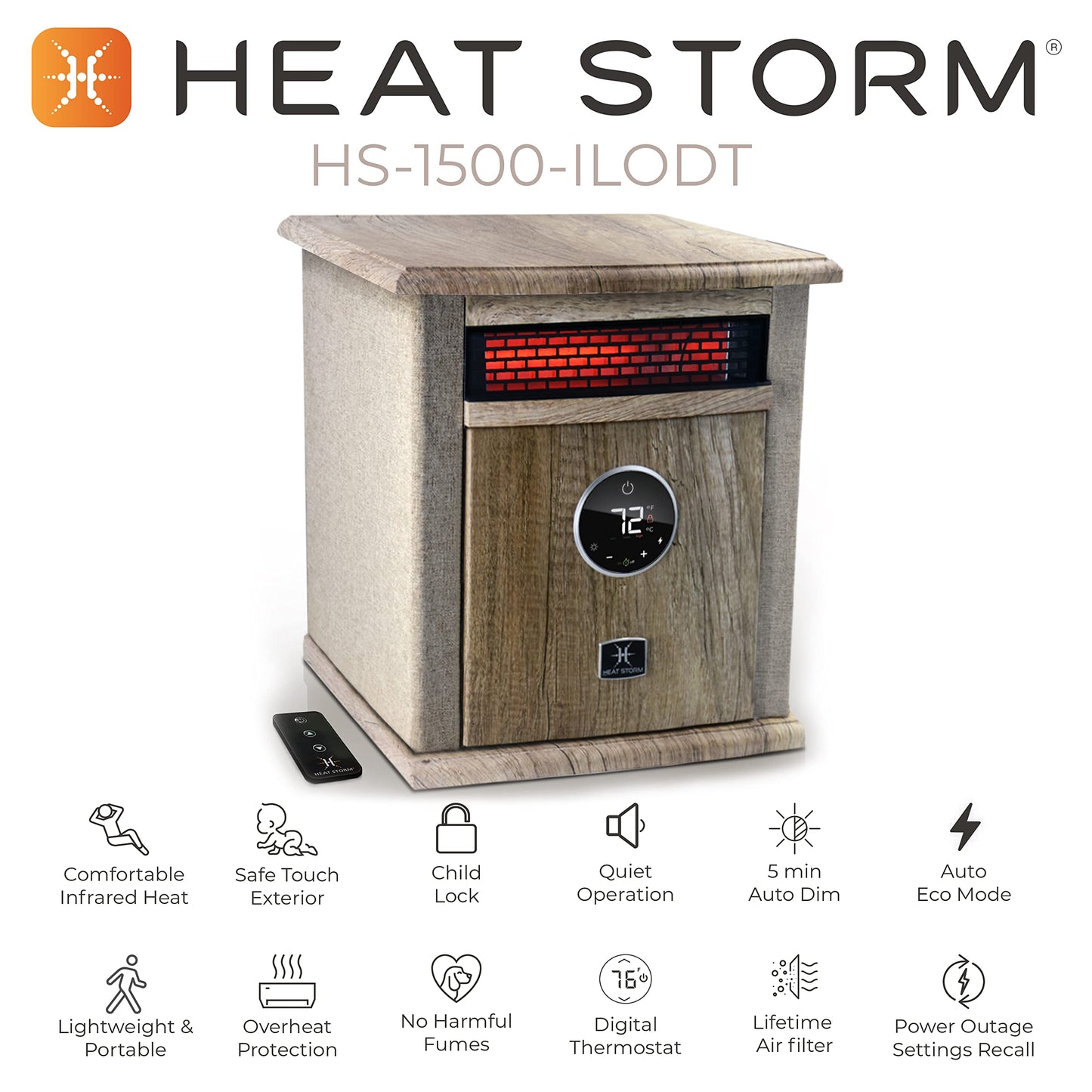 Heat Storm Portable Electric Space Heater, 1500-Watt Cabinet Infrared Quartz Element Heater With Digital Thermostat, Remote Control, washable Filter Modern Design (Beige)
