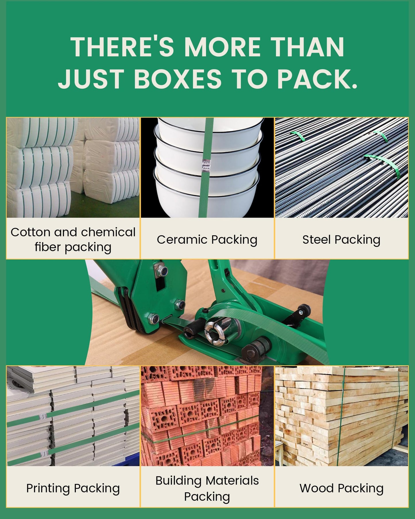 FoundGo PET Banding Strapping Kit for Heavy Duty Tough Pallet Packaging Strapping Tool with >1500lbs 5/8" x 2000' PET Strapping Roll & its own Pull-Out Box 200 Corner Protectors 450 Seals-Green