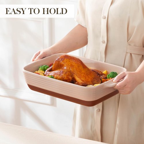 MALACASA 4.8 Qt Ceramic Baking Dish - Deep Rectangular Casserole with Handles | 9 x 13 Inch, Khaki & Pink