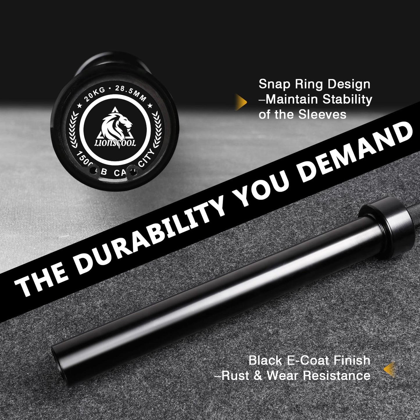 LIONSCOOL 7ft Olympic Barbell (Black E-coating, 1500LBS, No Center Knurl)